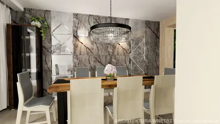 Jadalnia z nowoczesnym drewnianym stołem i szarymi krzesłami, styl quiet luxury.