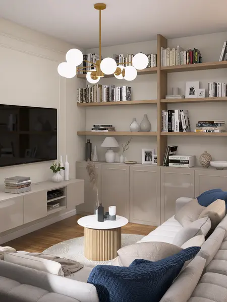 Nowoczesny salon z szarymi meblami i stylową lampą, dekoracje na półkach.