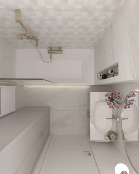 Nowoczesna łazienka w stylu quiet luxury z białymi meblami i złotymi detalami.