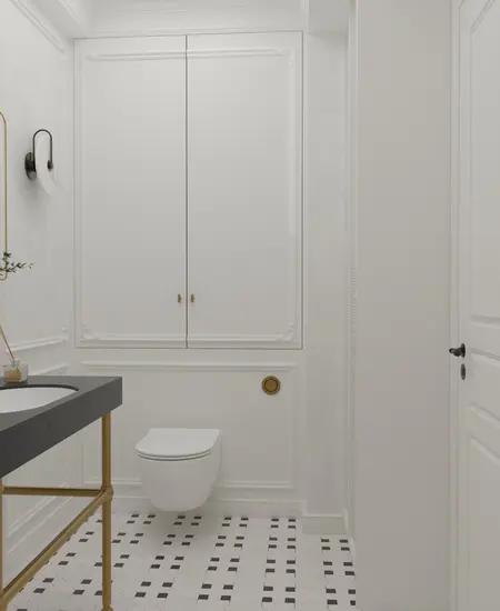 Elegancka łazienka w stylu art deco i minimalistycznym z tradycyjnymi elementami.