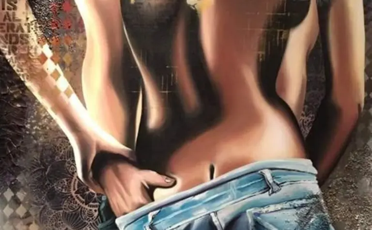Artystyczna grafika przedstawiająca postacie w stylu glamour i industrialnym.