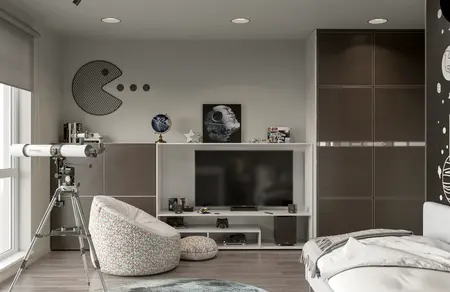 Wnętrze pokoju z teleskopem, telewizorem i stylowymi dekoracjami art deco, minimalistycznymi i eklektycznymi.