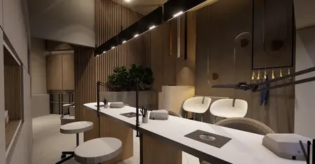 Wnętrze z drewnianym blatem, białymi krzesłami i roślinami w stylu boho, japandi i minimalistycznym.