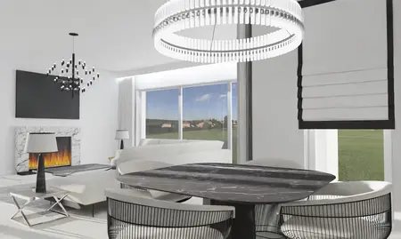 Wnętrze salonu z kominkiem, nowoczesnymi i glamour meblami, w stylu quiet luxury.