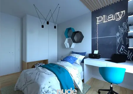 Pokój dziecięcy z niebieskimi dodatkami, biurkiem i szafą, nowoczesny design.