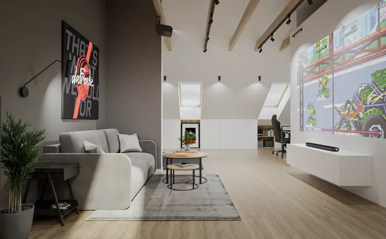 Salon z minimalistycznym wystrojem, szarymi meblami i drewnianą podłogą. Styl nowoczesny, soft minimalizm.
