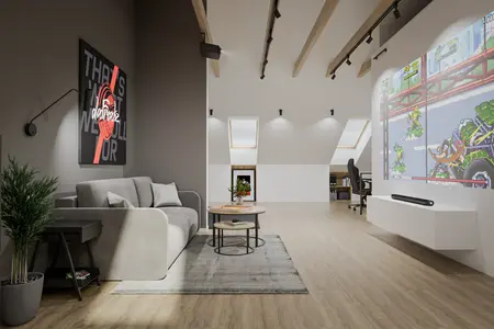 Salon z minimalistycznym wystrojem, szarymi meblami i drewnianą podłogą. Styl nowoczesny, soft minimalizm.