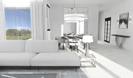 Wnętrze jadalni z białym stołem, czarnymi krzesłami, style glamour, nowoczesny, quiet luxury, współczesny.