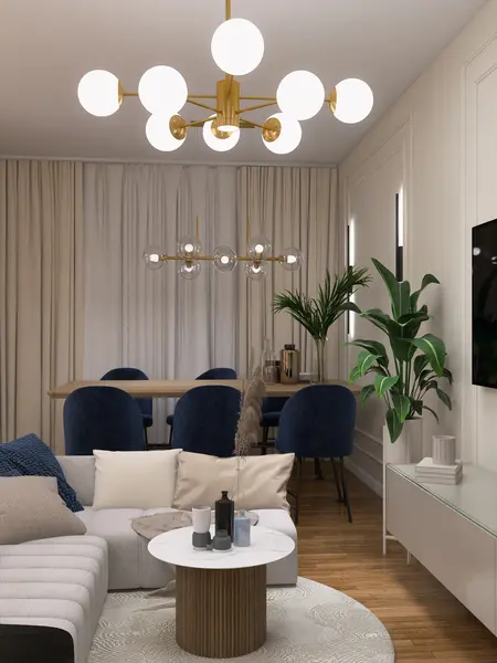 Nowoczesny salon z niebieskimi fotelami, jasnymi zasłonami i rośliną doniczkową.