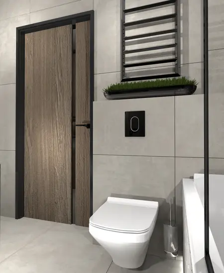 Wnętrze łazienki w stylach industrialnym i skandynawskim z drewnianymi akcentami.