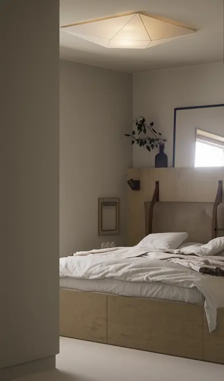 Sypialnia z eklektycznym i rustykalnym stylem, drewniane elementy, biała pościel.