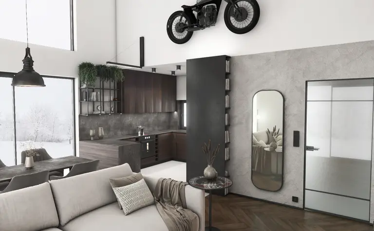 Wnętrze z industrialnym i minimalistycznym stylem, szaro-brązowa kuchnia, duże okna.