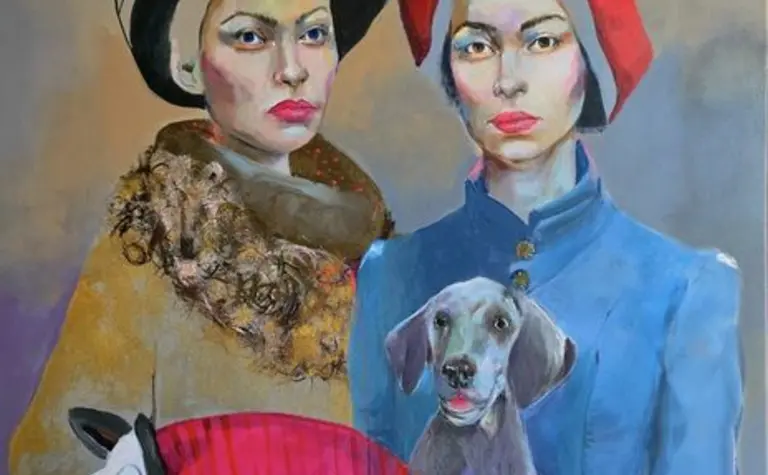 Obraz przedstawiający dwie kobiety z psem i zabawką, styl art deco, glamour, vintage.
