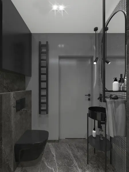 Nowoczesna łazienka z czarnymi i szarymi elementami, industrialny styl.