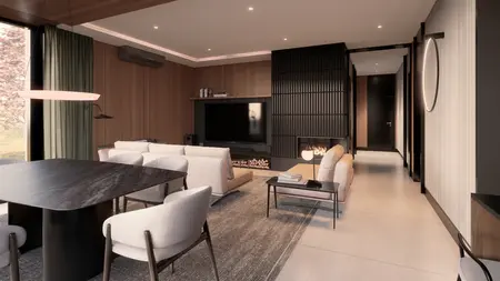 Wnętrze salonu z minimalistycznym designem, drewnianymi akcentami i szarym dywanem.