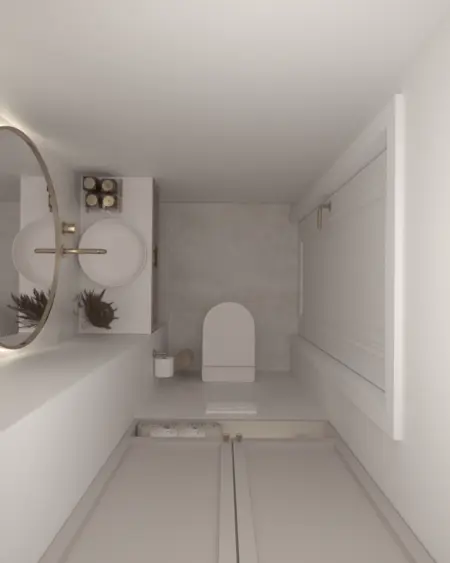Nowoczesna łazienka w stylu quiet luxury z białymi umywalkami i szarymi płytkami.