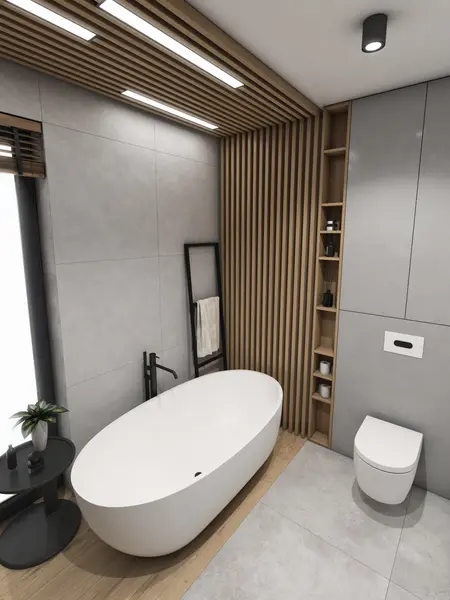 Nowoczesna łazienka z wanną, drewnianymi detalami, minimalistycznym designem.