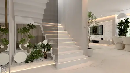 Wnętrze z białymi schodami, roślinami i nowoczesnym telewizorem w stylu glamour, japandi, quiet luxury.