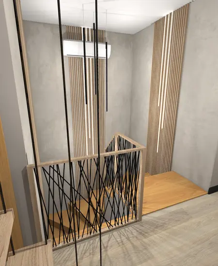 Nowoczesny korytarz z drewnianą balustradą i oświetleniem.