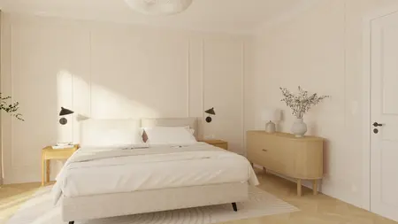 Sypialnia z minimalistycznym wystrojem, art deco i tradycyjnymi elementami.