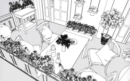 Balkon w stylu rustykalnym z roślinami i drewnianym stołem