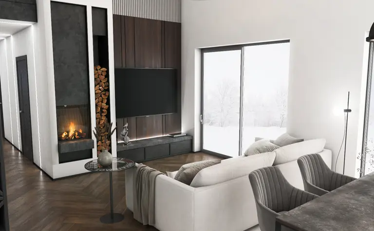 Wnętrze salonu w stylu industrialnym i minimalistycznym z kominkiem oraz dużymi oknami.
