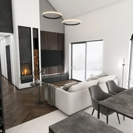 Wnętrze salonu w stylu industrialnym i minimalistycznym z kominkiem oraz dużymi oknami.