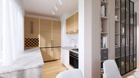 Kuchnia w stylu japandi i skandynawskim z drewnianymi meblami i minimalistycznym wystrojem.