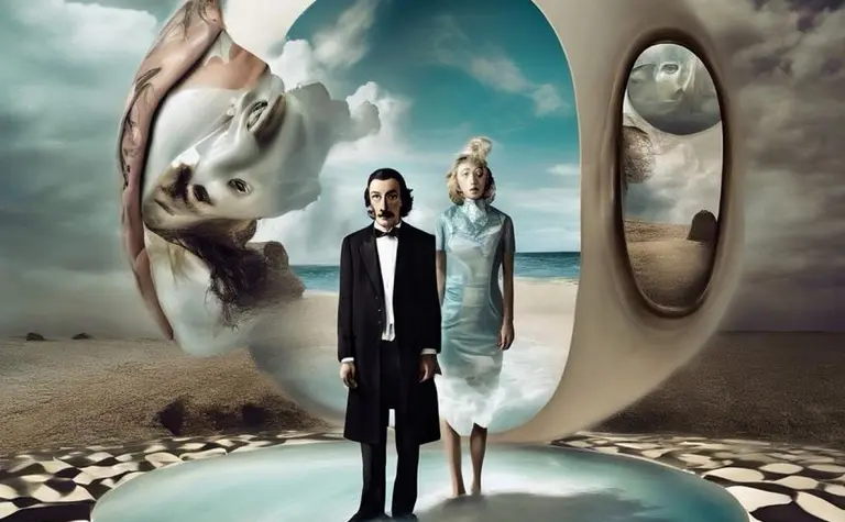 Surrealistyczna scena z postaciami w art deco stylu na tle plaży