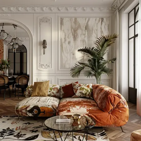 Wnętrze salonu z kolorową sofą, roślinami i stylowymi detalami w art deco i boho.