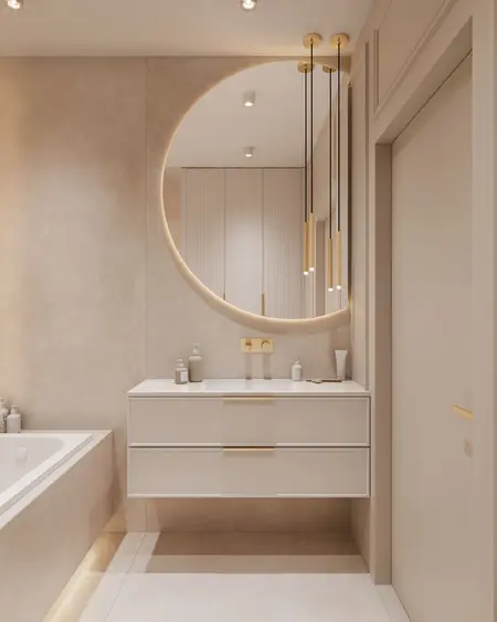 Nowoczesna łazienka z białą umywalką, minimaluxe i quiet luxury.
