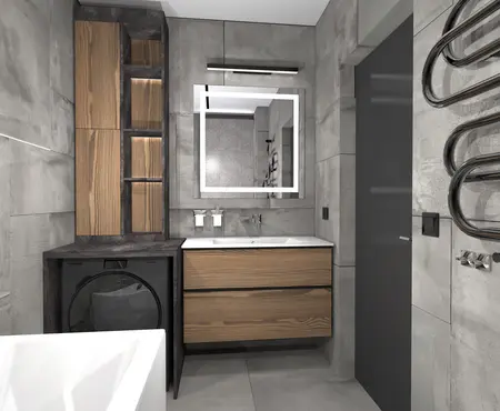 Nowoczesna łazienka w stylu dopamine decor i industrialnym z drewnianymi akcentami.