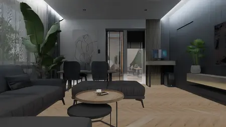 Nowoczesny salon z ciemnymi meblami, drewnianą podłogą i roślinami.