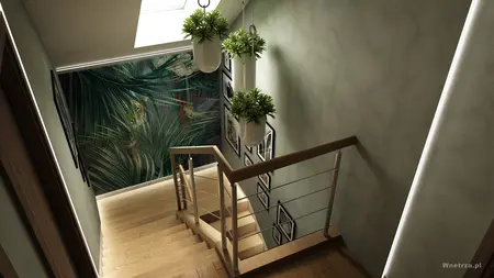 Klatka schodowa z roślinami w donicach i drewnianą balustradą, nowoczesny projekt.