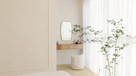 Wnętrze sypialni z biurkiem, lustrem i rośliną w stylu art deco, minimalistycznym i tradycyjnym.