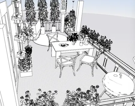 Balkon z roślinami, drewnianym stołem i krzesłami w stylu rustykalnym.