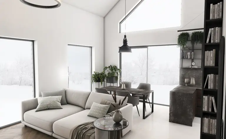 Wnętrze salonu w stylu industrialnym i minimalistycznym z jasną sofą i dużymi oknami.