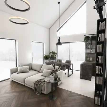 Wnętrze salonu w stylu industrialnym i minimalistycznym z jasną sofą i dużymi oknami.