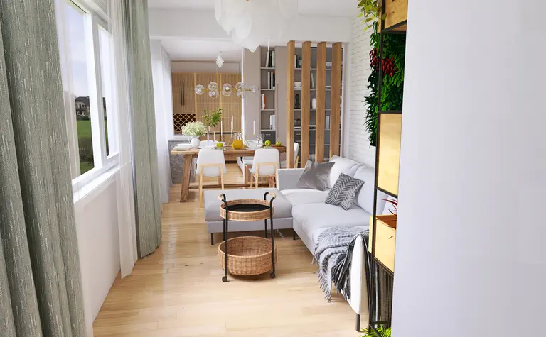Wnętrze salonu w stylu japandi i skandynawskim z roślinnością.