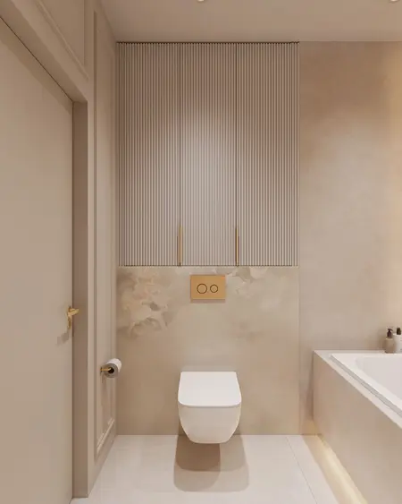 Nowoczesna łazienka z minimalistycznym wyposażeniem, soft minimalizm i quiet luxury.