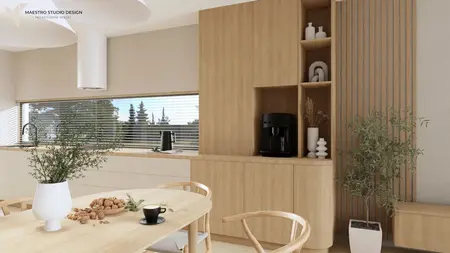 Wnętrze kuchni w stylu boho i japandi z drewnem i roślinami.