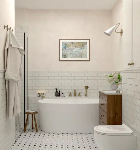 Łazienka w stylu art deco, minimalistycznym i tradycyjnym z białymi kafelkami i drewnem.