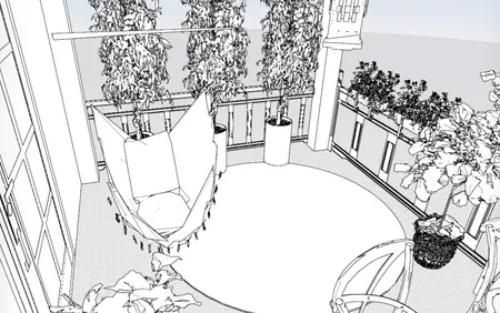 Balkon w stylu rustykalnym z huśtawką i zielonymi roślinami.