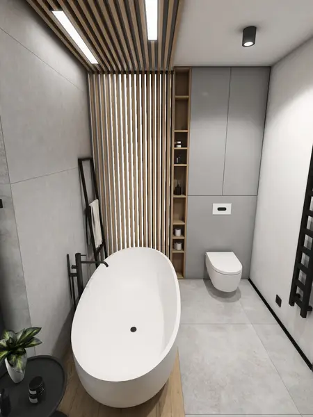 Nowoczesna łazienka z wanną, drewnem i minimalistycznym designem.