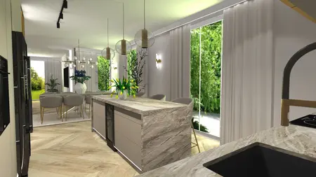 Nowoczesna kuchnia glamour z wyspą, drewnianą podłogą i dużymi oknami.