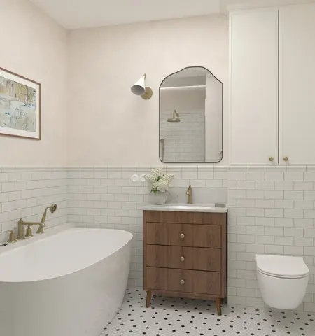 Wnętrze łazienki w stylu art deco, minimalistycznym i tradycyjnym z białą wanną i drewnianymi akcentami.