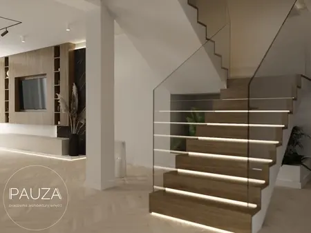 Nowoczesny salon z drewnianymi schodami i telewizorem, styl minimaluxe