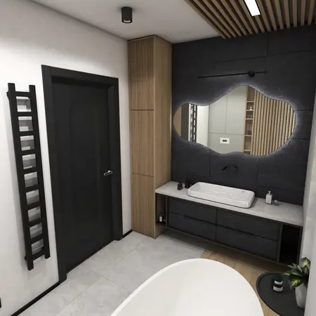 Nowoczesna łazienka w stylu industrialnym i minimalistycznym z drewnianymi detalami.