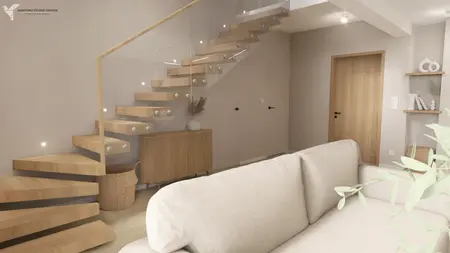 Wnętrze z boho i japandi, drewniane schody, jasna sofa, minimalistyczne akcenty.