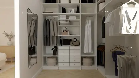 Garderoba w stylu art deco, minimalistycznym i tradycyjnym z białymi półkami i lustrami.
